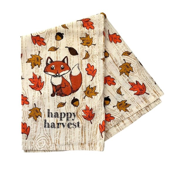 Fall Fox Kitchen Towel 27in Happy Harvest Cotton Autumn Leaves - Picture 1 of 6